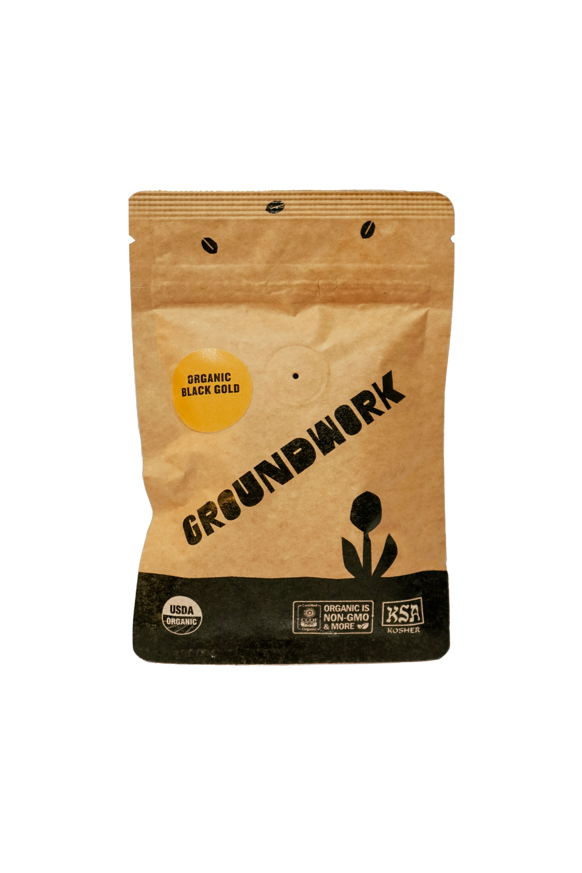 A brown bag of Groundwork Coffees Coffee Sample, featuring USDA Organic and organic non-GMO certification labels.
