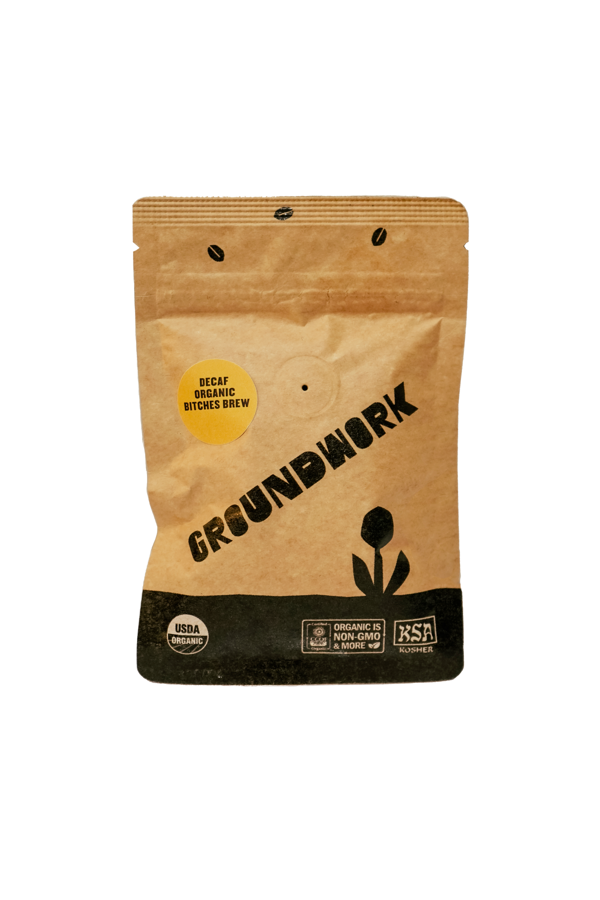 A brown, resealable bag of Groundwork Coffees Coffee Sample, featuring organic and fair trade certifications from their Signature Blends line.