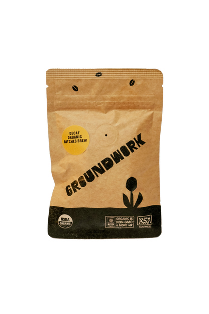 A brown, resealable bag of Groundwork Coffees Coffee Sample, featuring organic and fair trade certifications from their Signature Blends line.