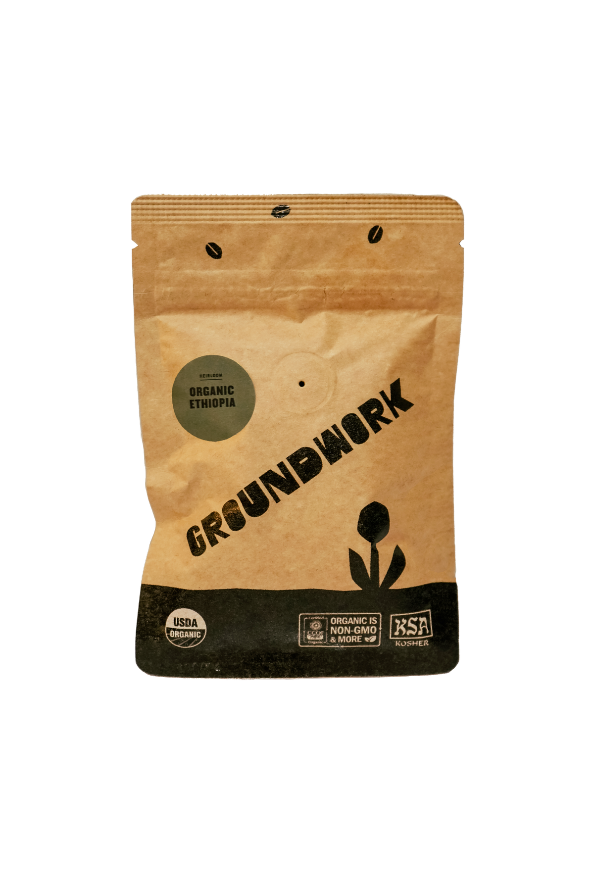 A brown bag of Groundwork Coffees Coffee Sample with black text and icons showing its USDA organic and fair trade certified.