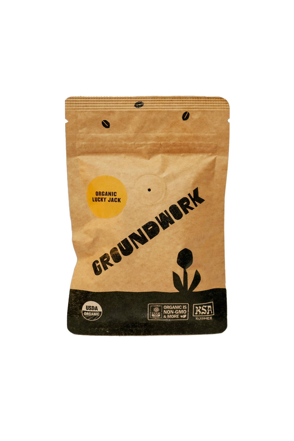 A brown Groundwork Coffee bag labeled Coffee Sample features minimalist black graphics and certification logos from their Signature Blends collection.