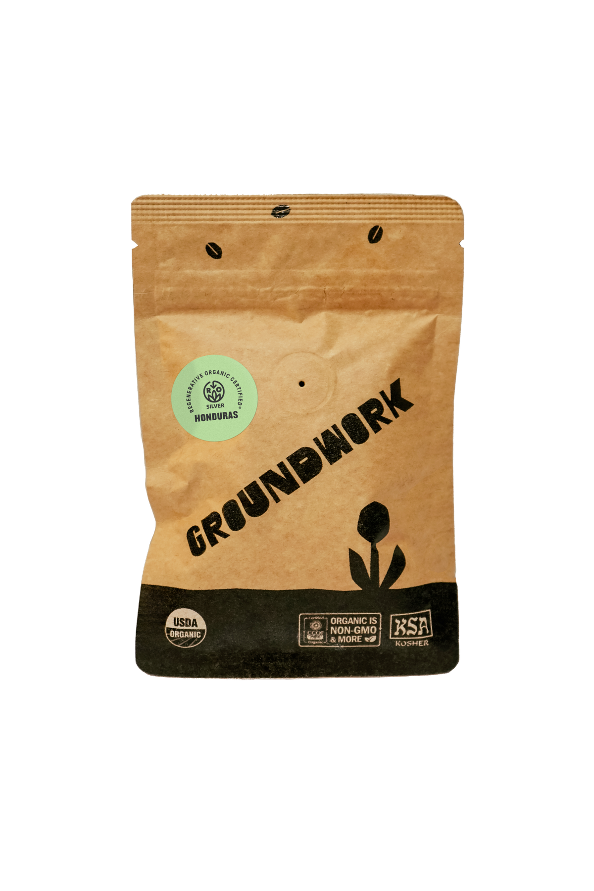 A brown bag of Groundwork Coffee Sample, labeled Single Origin Honduras with USDA Organic and BSA Roaster certifications on the front.