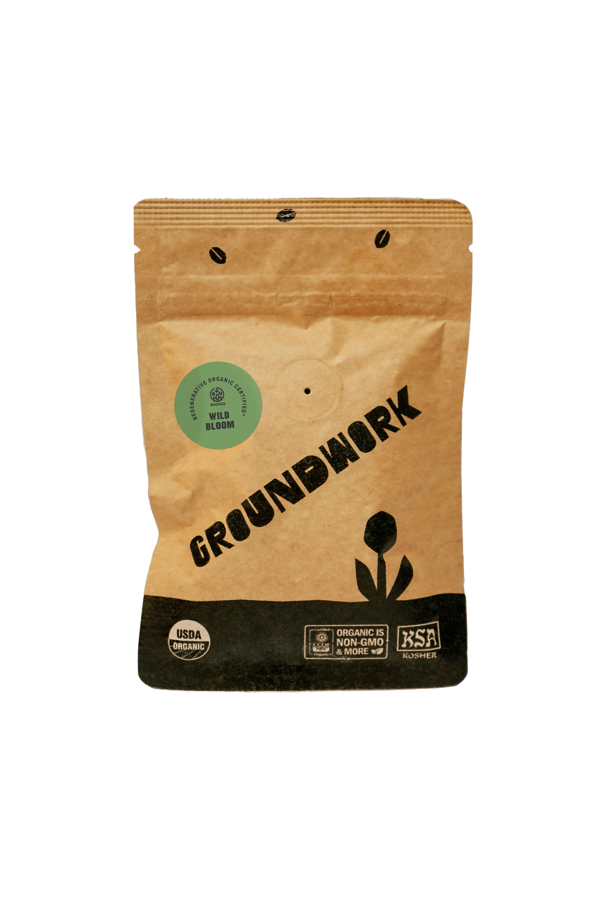 A brown bag of Groundwork Coffee, labeled Coffee Sample, features organic certification, sustainability logos, and is part of their Signature Blends collection.