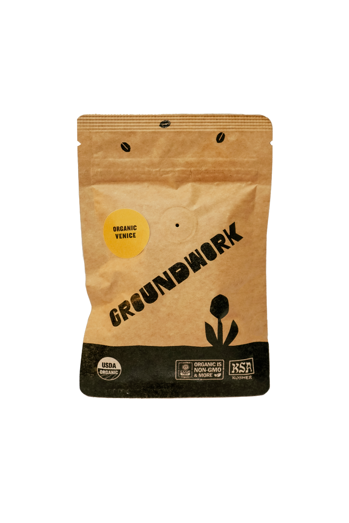 A brown Groundwork Coffee bag labeled Coffee Sample, featuring Signature Blends with USDA Organic, Fair Trade, and BSA Certified icons at the bottom.