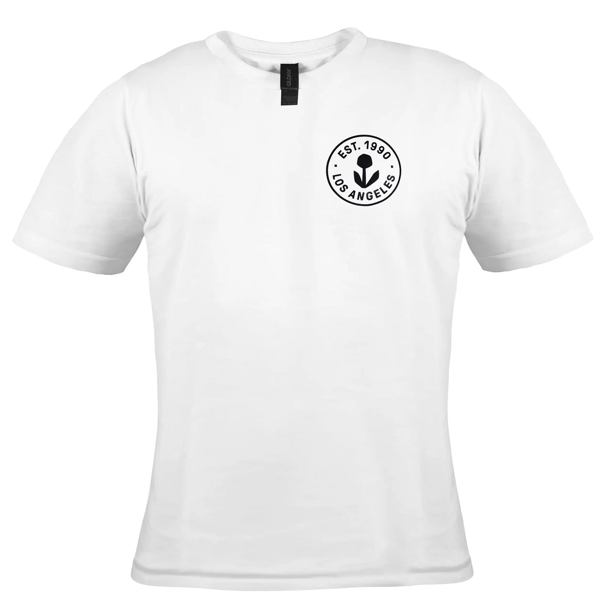 Photo of a youth-size white T-shirt with a small circular Groundwork logo on the left chest that reads EST. 1990 LOS ANGELES around a black flower icon.