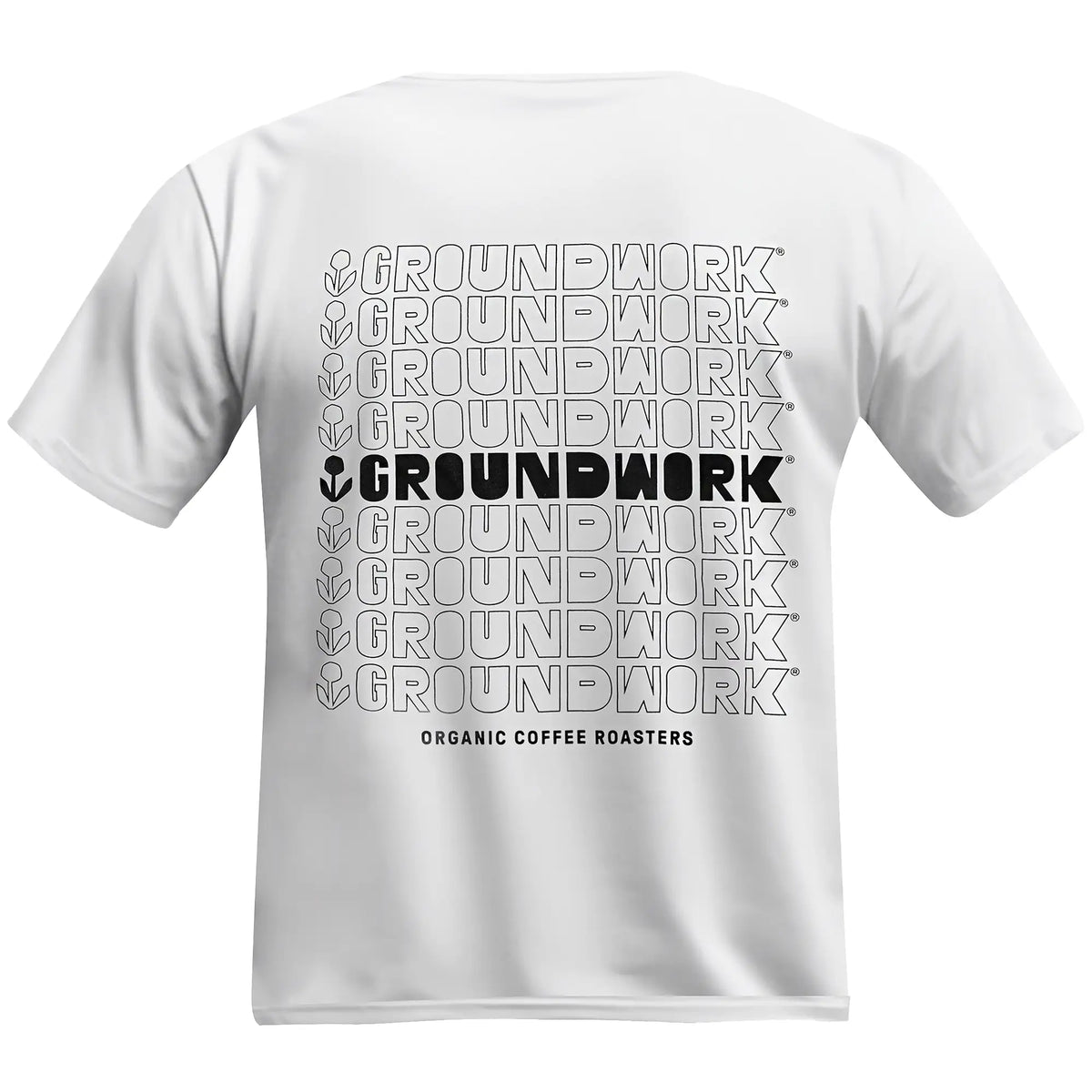 The back of the youth size T-shirt shows the word GROUNDWORK repeated twelve times in a centered grid of thin black outlines, with the fifth row printed in solid black next to the flower icon and the words ORGANIC COFFEE ROASTERS printed below.