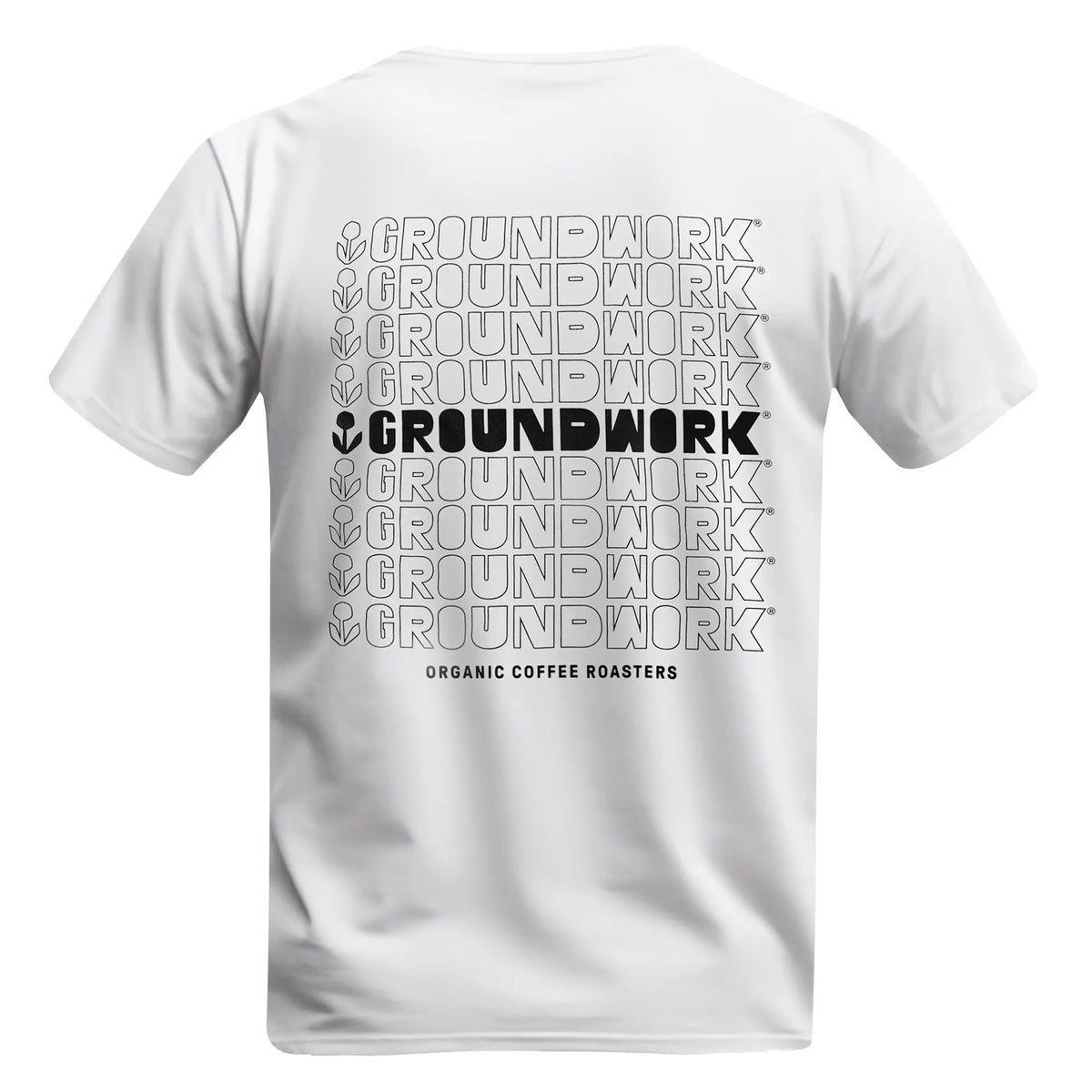 The back of the T-shirt with the word GROUNDWORK repeated twelve times in a centered grid of thin black outlines, with the fifth row printed in solid black next to the flower icon and the words ORGANIC COFFEE ROASTERS printed below.