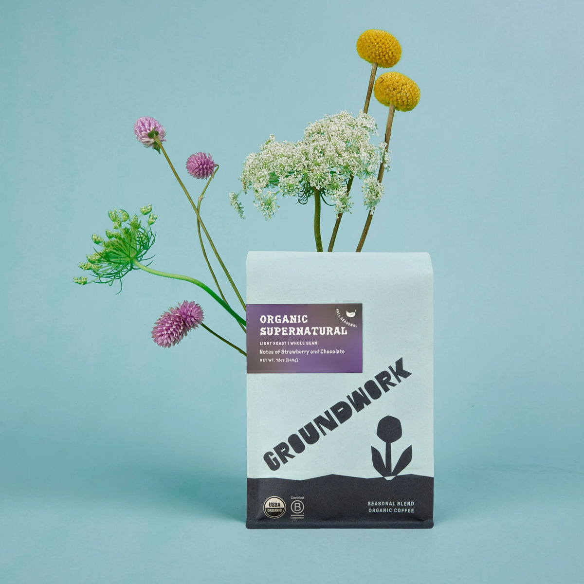 A bag of Groundwork Coffee Seasonal Select: Supernatural sits before a light blue backdrop, accented by vibrant wildflowers behind it.