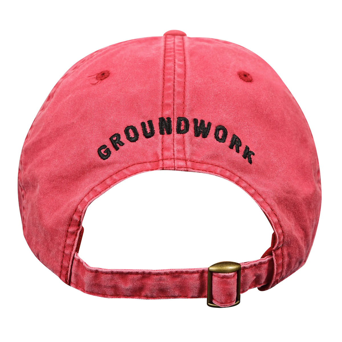 The Whole Being Dad Hat by Groundwork Coffee: red garment-dyed cotton, viewed from the back with GROUNDWORK embroidered in black above the adjustable strap.
