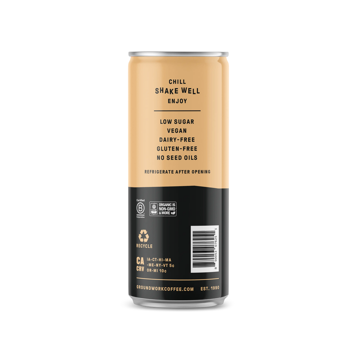 A tall can of Groundwork Coffee Organic Cold Brew Latte with a beige and black label: low sugar, vegan, dairy-free, gluten-free, no seed oils; chill, shake well, and enjoy.