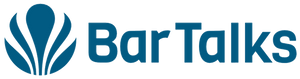 Blue Bar Talks logo with a stylized circular design on the left, featuring curved lines resembling leaves or abstract shapes.