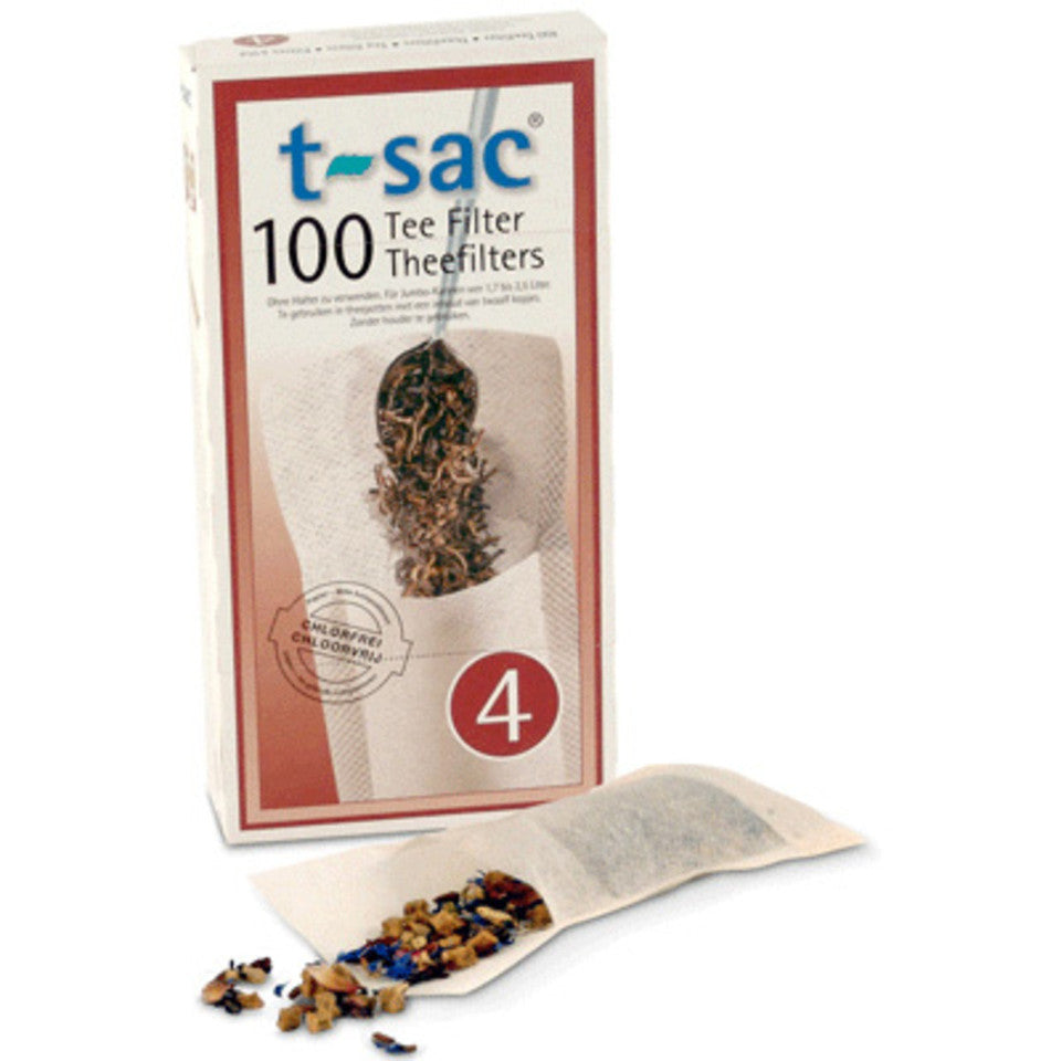A box of 100 T-Sac Tea Filters by Groundwork Coffee, with an open filter filled with loose leaf tea and some spilling out.