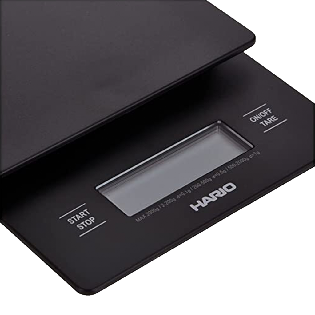 A close-up of the Groundwork Coffee Hario V60 Drip Scale featuring pour time, display screen, and START/STOP and ON/OFF TARE buttons.