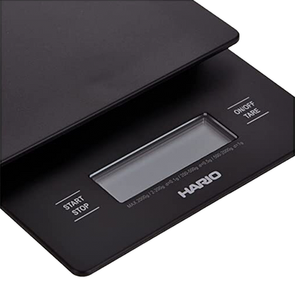 A close-up of the Groundwork Coffee Hario V60 Drip Scale featuring pour time, display screen, and START/STOP and ON/OFF TARE buttons.