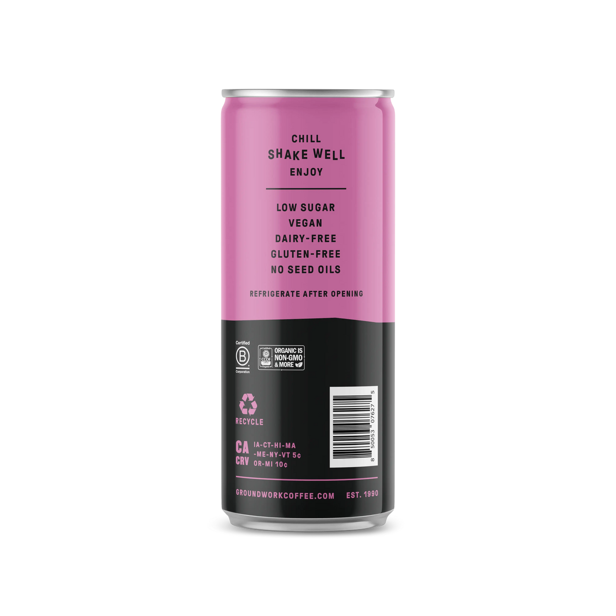 A pink and black can of Groundwork Coffee Organic Cold Brew Latte lists: low sugar, vegan, dairy-free, gluten-free, no seed oils. Chill, shake well, enjoy. Recycling info and website below.