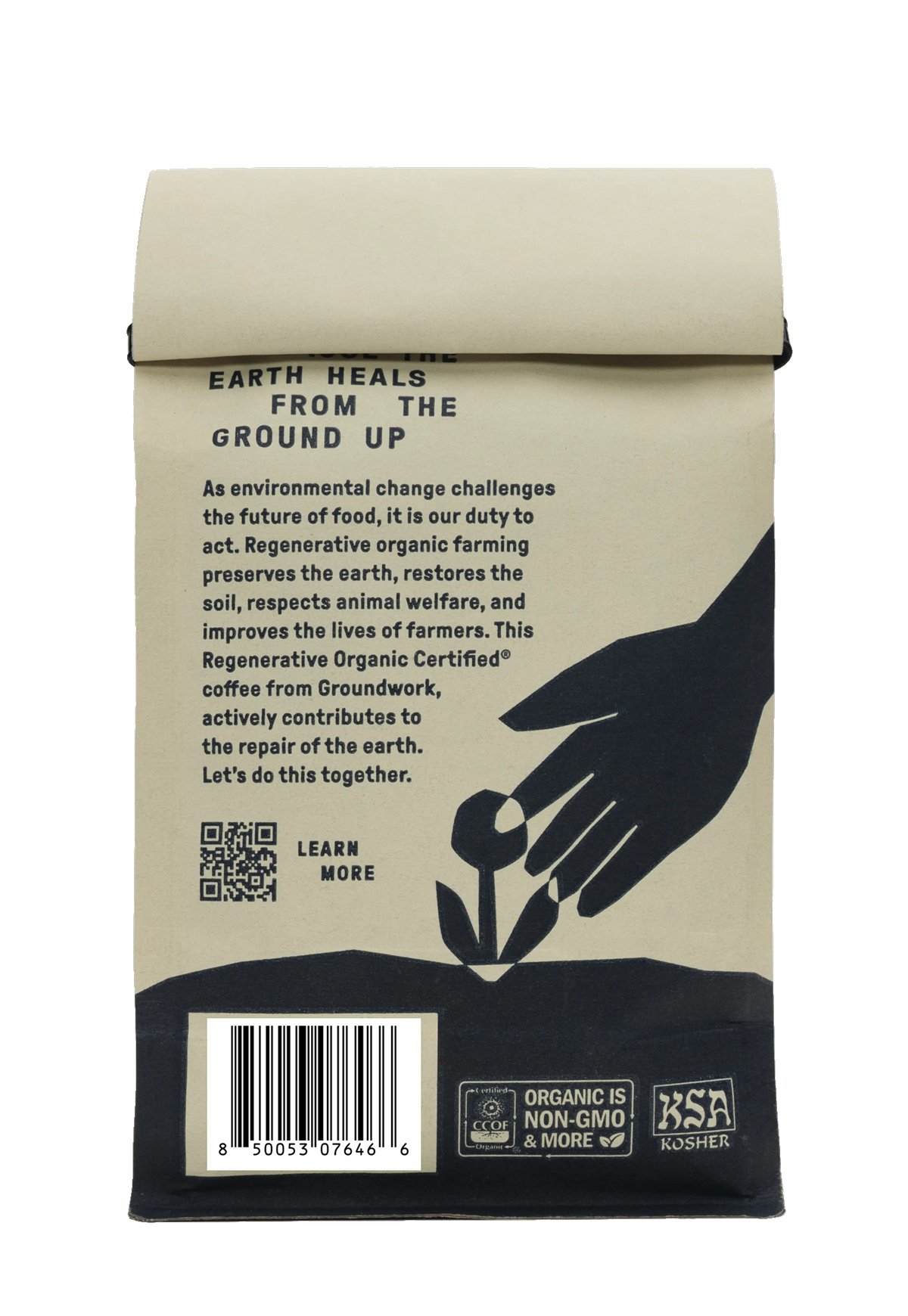 A beige Groundwork Coffee bag for Regenerative Organic Certified® Good Vibrations, with a hand planting, medium roast info, citrus & apricot notes, farming text, barcode, QR code & certifications.