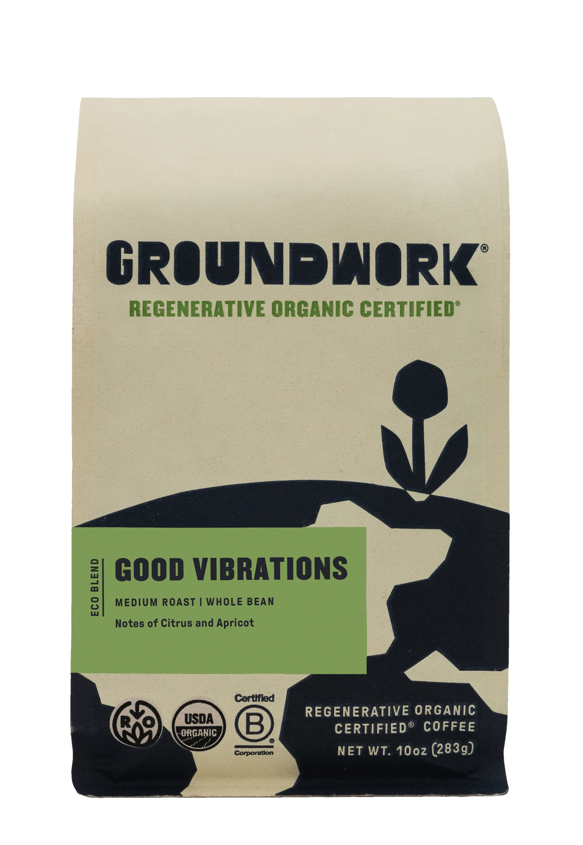 A 10 oz bag of Groundwork Coffee Regenerative Organic Certified® Good Vibrations, medium roast whole bean with citrus and apricot notes.