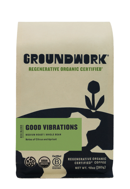 A 10 oz bag of Groundwork Coffee Regenerative Organic Certified® Good Vibrations, medium roast whole bean with citrus and apricot notes.