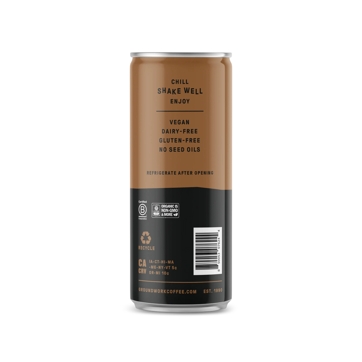 A brown and black can of Groundwork Coffee Organic Cold Brew Latte labeled vegan, dairy-free, gluten-free, no seed oils, with instructions to chill and shake well.