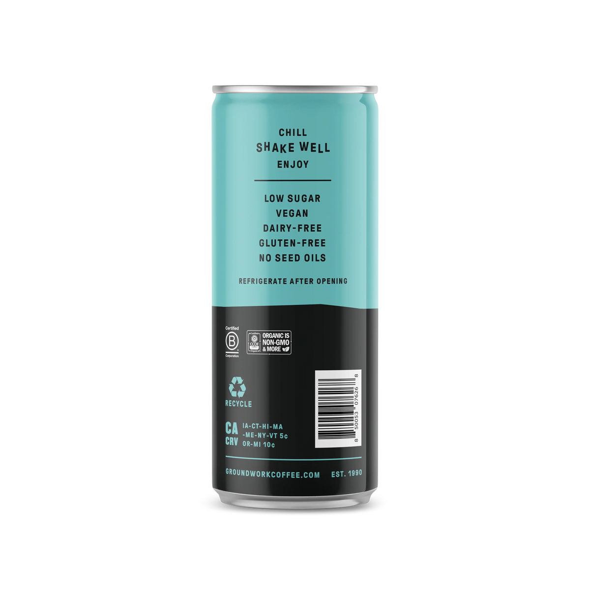 A blue and black Groundwork Coffee Organic Cold Brew Latte can lists: chill, shake well, enjoy, low sugar, vegan, dairy-free, gluten-free, no seed oils; instructions and recycling info included.