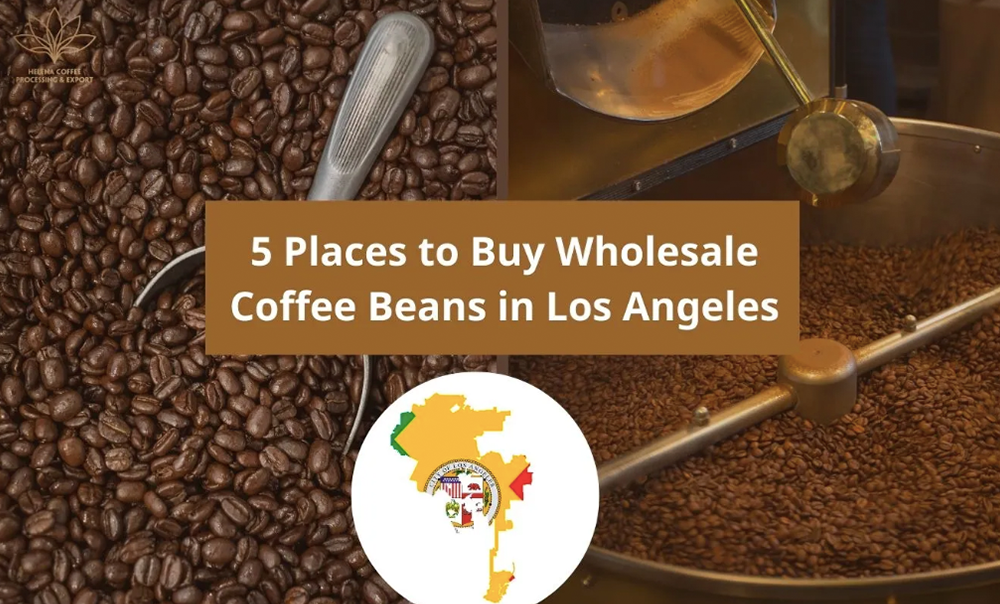 Close-up of coffee beans with a metal scoop, a coffee roasting machine, and a map illustration. Text: 5 Places to Buy Wholesale Coffee Beans in Los Angeles.