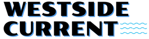 Black text reads WESTSIDE CURRENT with blue shadows and three blue wavy lines to the right of CURRENT, resembling water waves. The design is bold and modern.