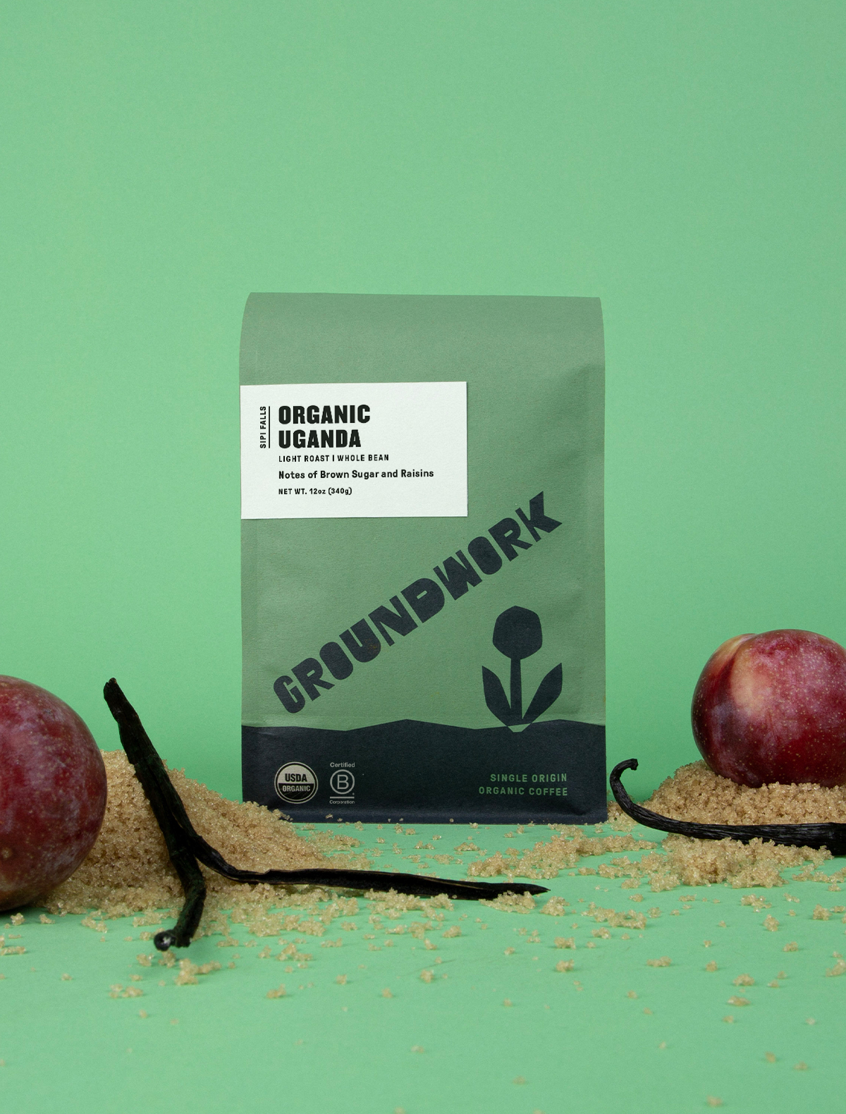 A green bag of Groundwork Coffee’s Uganda: Bugisu Sipi Falls Project sits on a green background with plums, vanilla beans, raisins, and brown sugar.