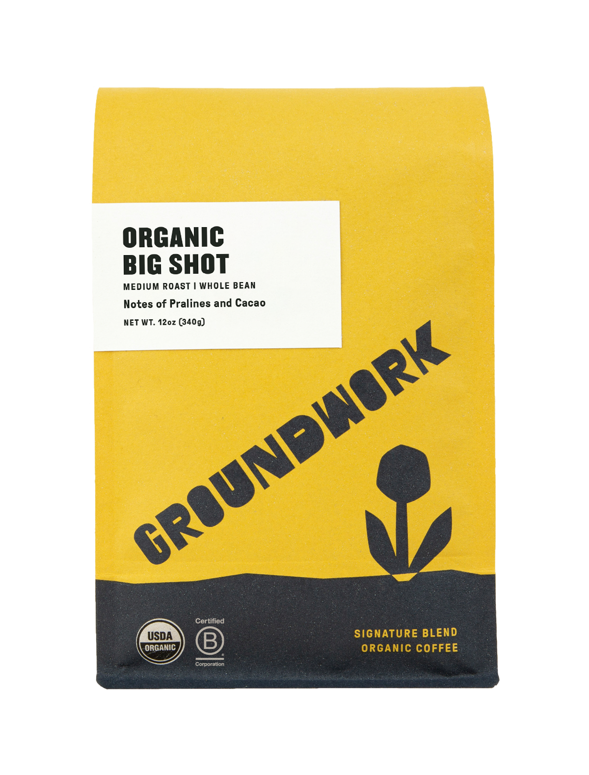A yellow and black bag of Groundwork Coffee Big Shot Medium Roast whole bean coffee with certification logos, a tulip graphic, and notes of praline and cacao.