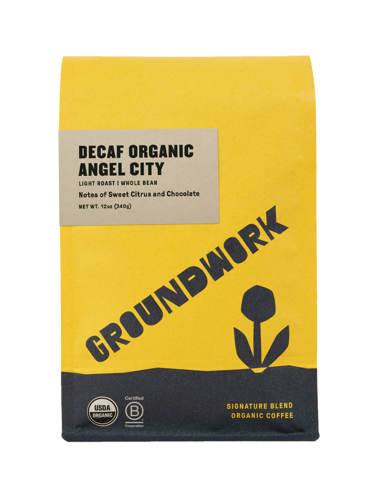 A yellow bag of Groundwork Coffee Decaf Angel City light roast whole bean coffee with sweet citrus notes, tulip graphic, and USDA organic label.