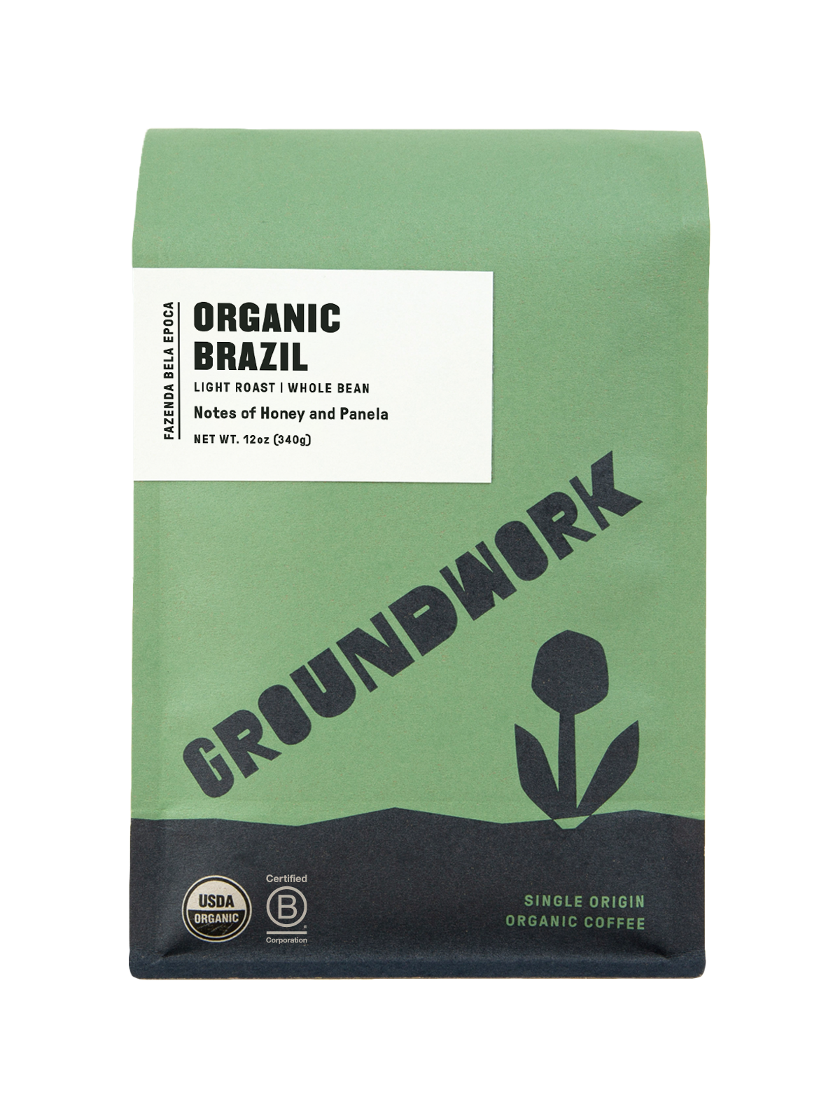 A green and black bag of Groundwork Coffee Store’s Brazil: Fazenda Bela Epoca whole bean coffee, with honey and panela notes, USDA Organic, and B Corp logos.