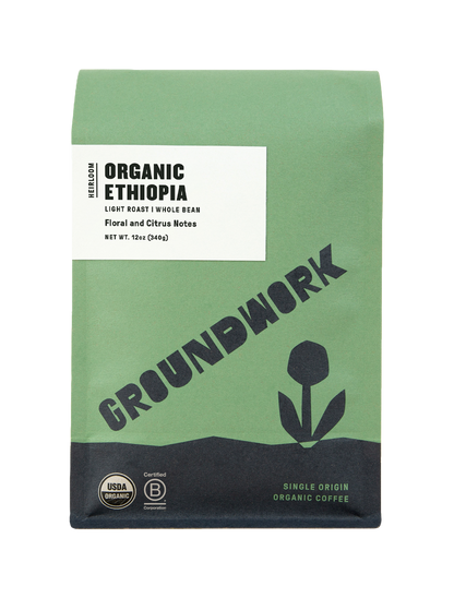 A green bag of Groundwork Coffee Ethiopia: Heirloom Blend whole bean, a single origin organic coffee with floral and citrus notes.