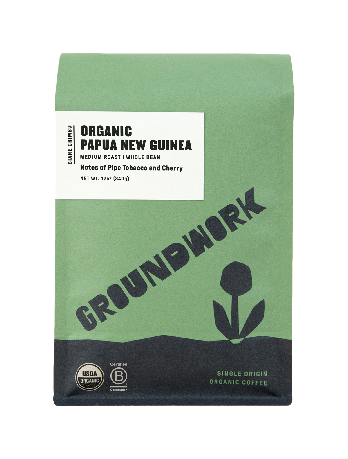 A green bag of Groundwork Coffee Store’s Papua New Guinea: Siane Chimbu whole bean coffee with pipe tobacco and cherry notes, featuring a flower graphic and certification logos.