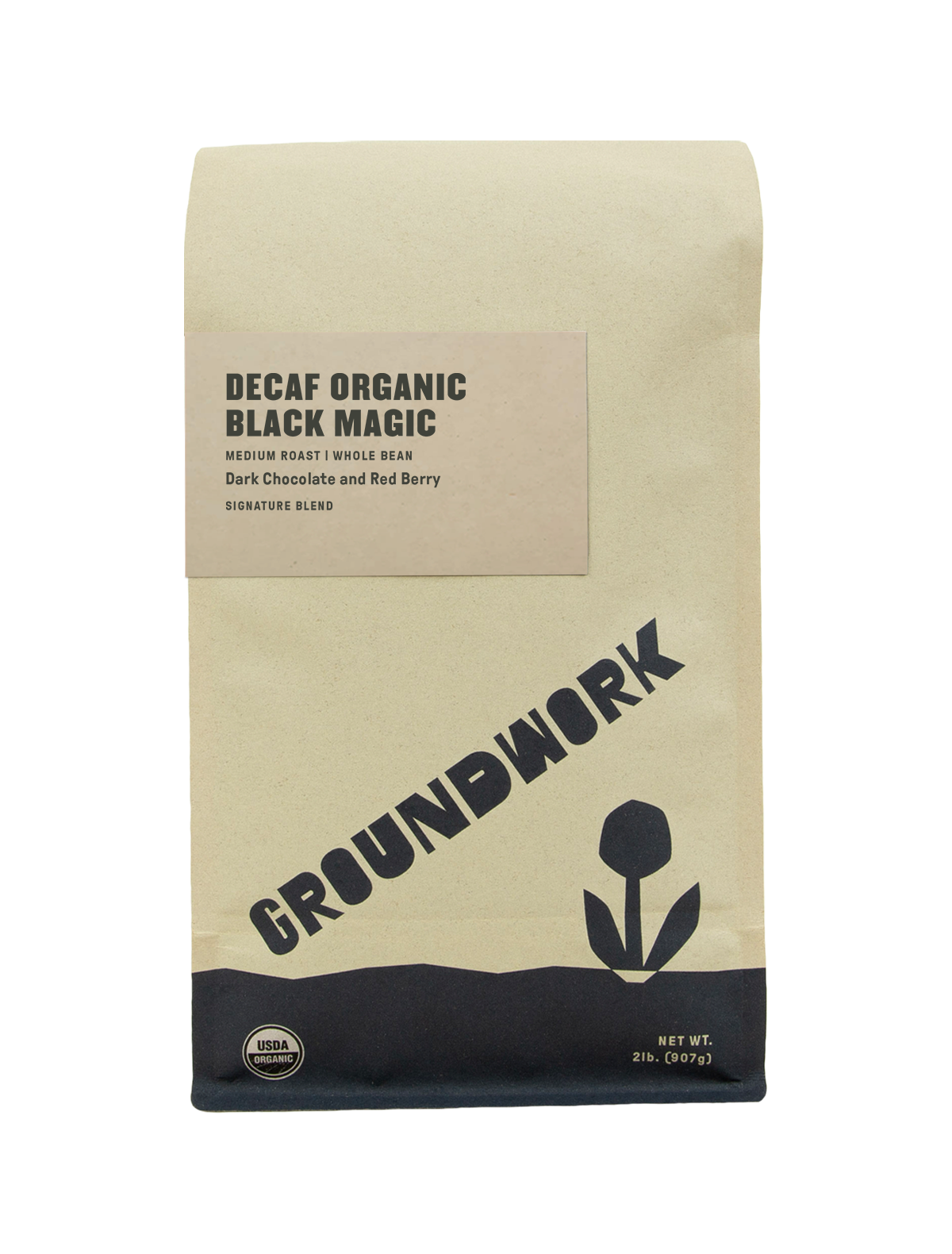 A beige coffee bag labeled Decaf Black Magic Espresso by Groundwork Coffee, with red berry and dark chocolate notes, a flower graphic, and USDA organic seal.