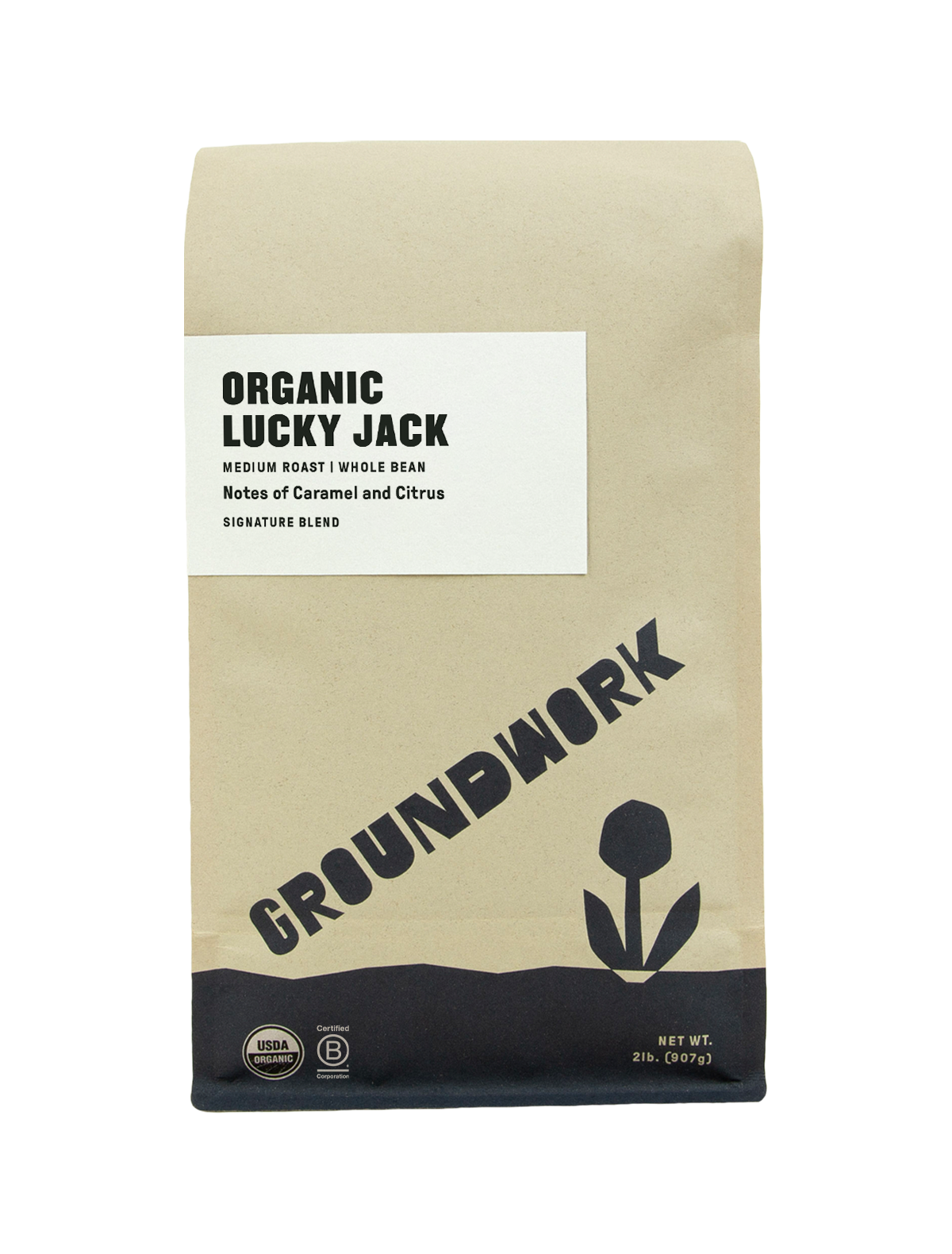 A brown bag of Groundwork Coffees Lucky Jack whole bean coffee, a medium roast with caramel and citrus notes, features a flower graphic and blend certifications.