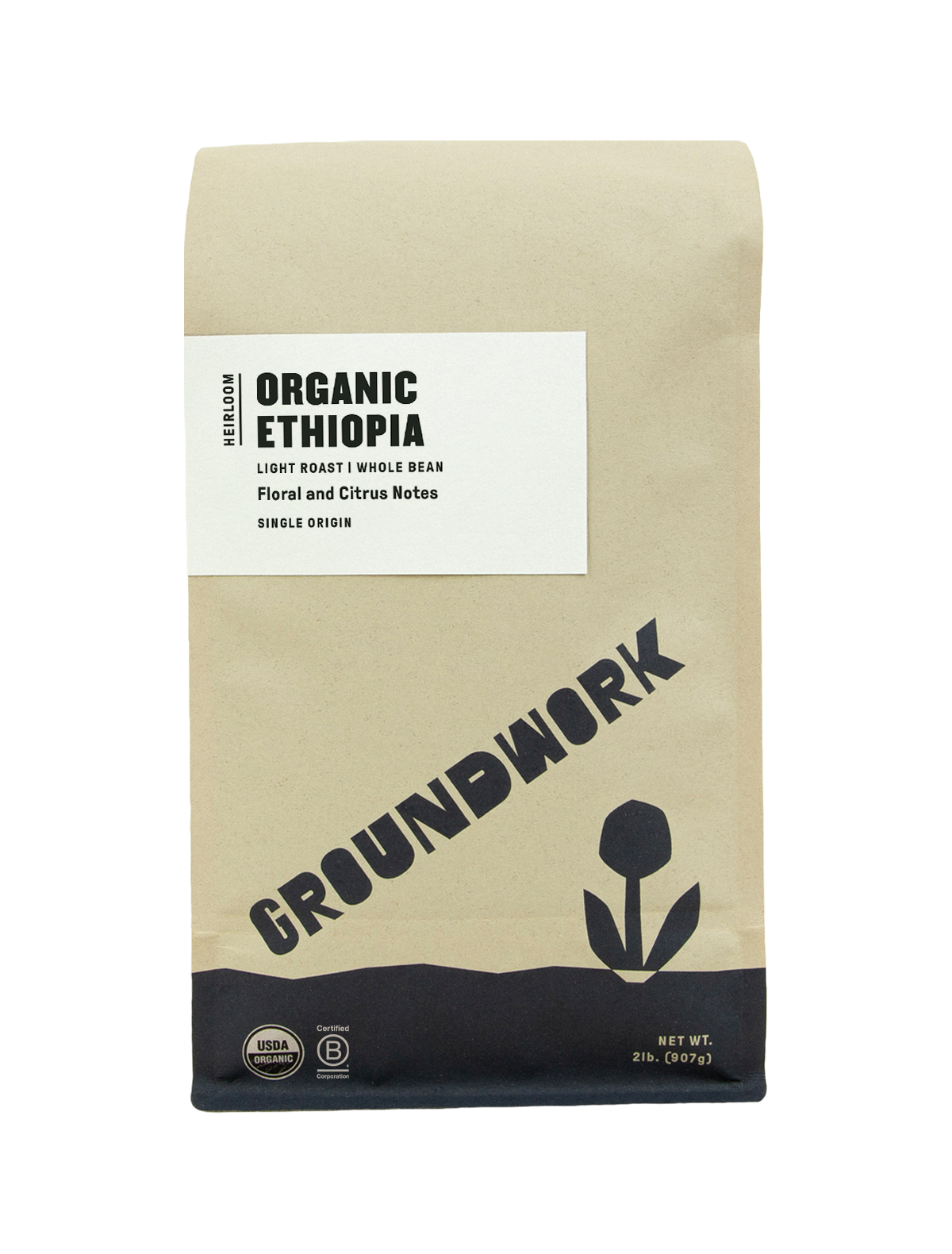 A brown bag of Groundwork Coffees Ethiopia: Heirloom Blend, whole bean, features floral and citrus notes with organic and USDA certified icons.