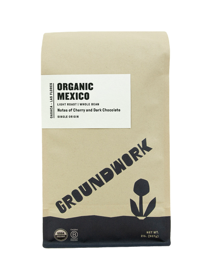 A brown bag of Groundwork Coffee Store Mexico: Oaxaca - Las Flores whole bean, light roast, single origin coffee with cherry and dark chocolate notes.