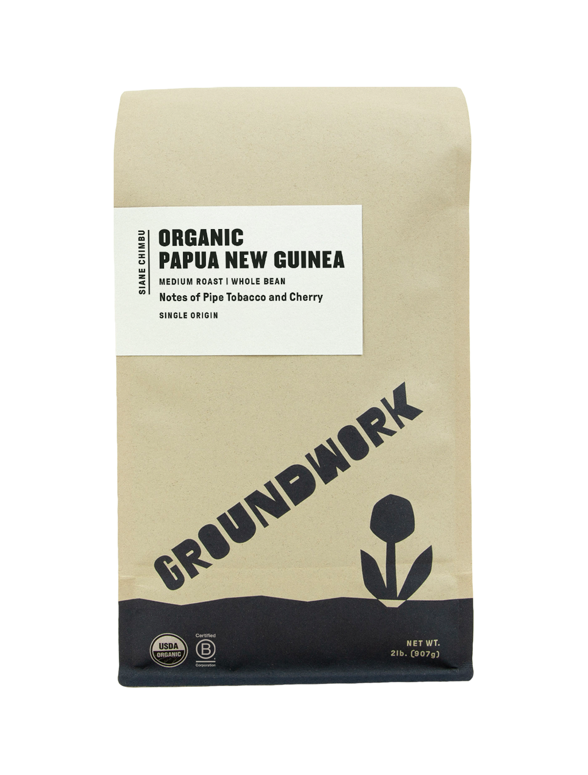 A brown bag of Groundwork Coffee Store Papua New Guinea: Siane Chimbu medium roast whole bean coffee with tasting notes of cherry and pipe tobacco.