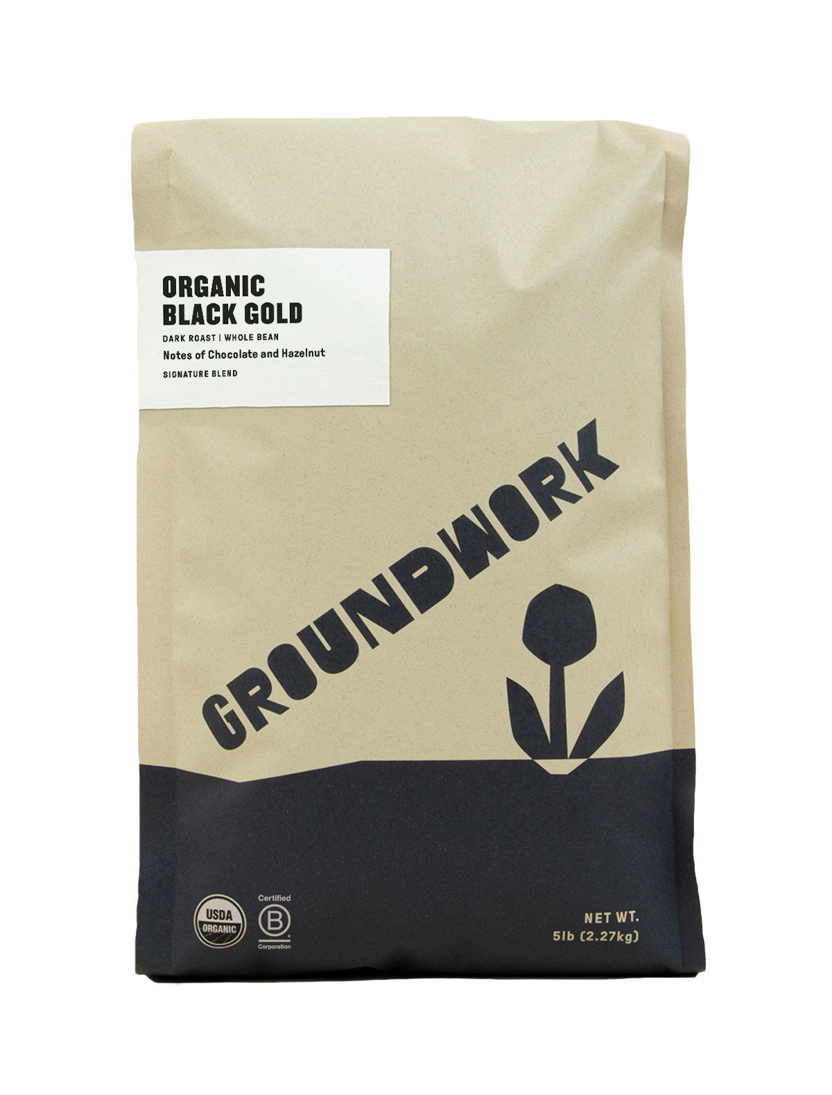 A 5 lb (2.27 kg) beige and black bag of Groundwork Coffee's Black Gold dark roast whole bean coffee with hazelnut notes.