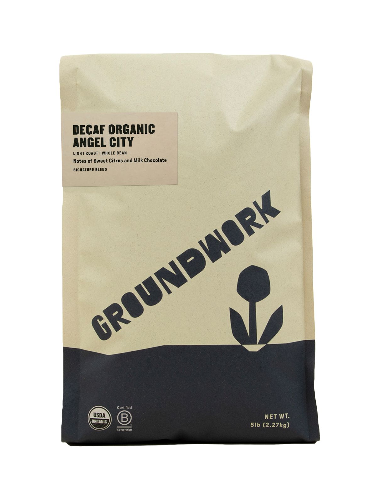 A beige and dark blue bag of Groundwork Coffee Decaf Angel City whole beans with milk chocolate notes, USDA Organic and B Corp labels, features a simple flower graphic.