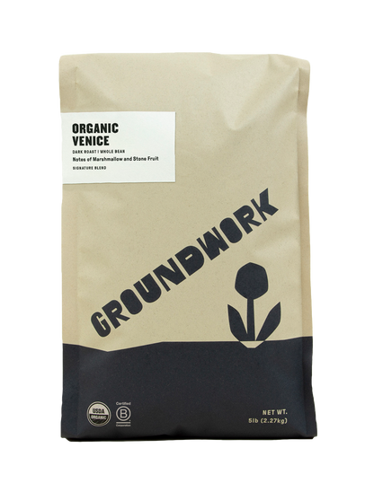 Groundwork Coffee Venice is a 5lb bag of organic whole bean coffee, dark roasted with marshmallow and stone fruit notes in a minimalist package.
